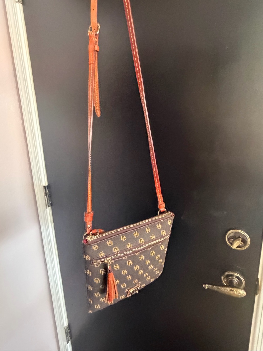 Brown Logo-Print Crossbody Bag with Tan Leather Strap